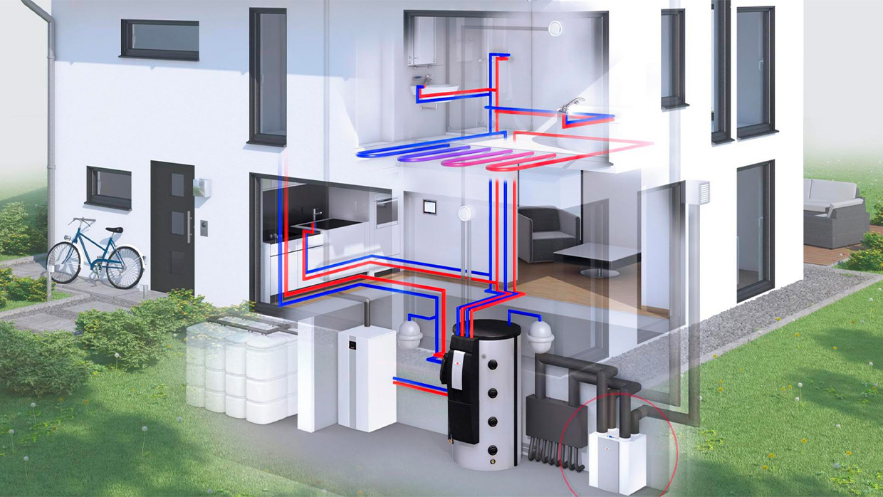 Система отопления частного дома, показана на доме в разрезе