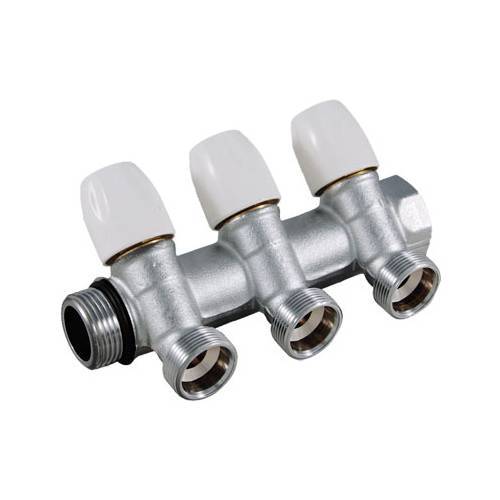 Распределительный коллектор TIEMME 3/4"x3/4" с регулировочными вентилями на 4 выхода никелированный