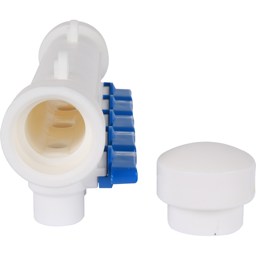 Kalde Коллектор с запорными кранами для полипропиленовых труб (5 выходов) цвет ручек синий