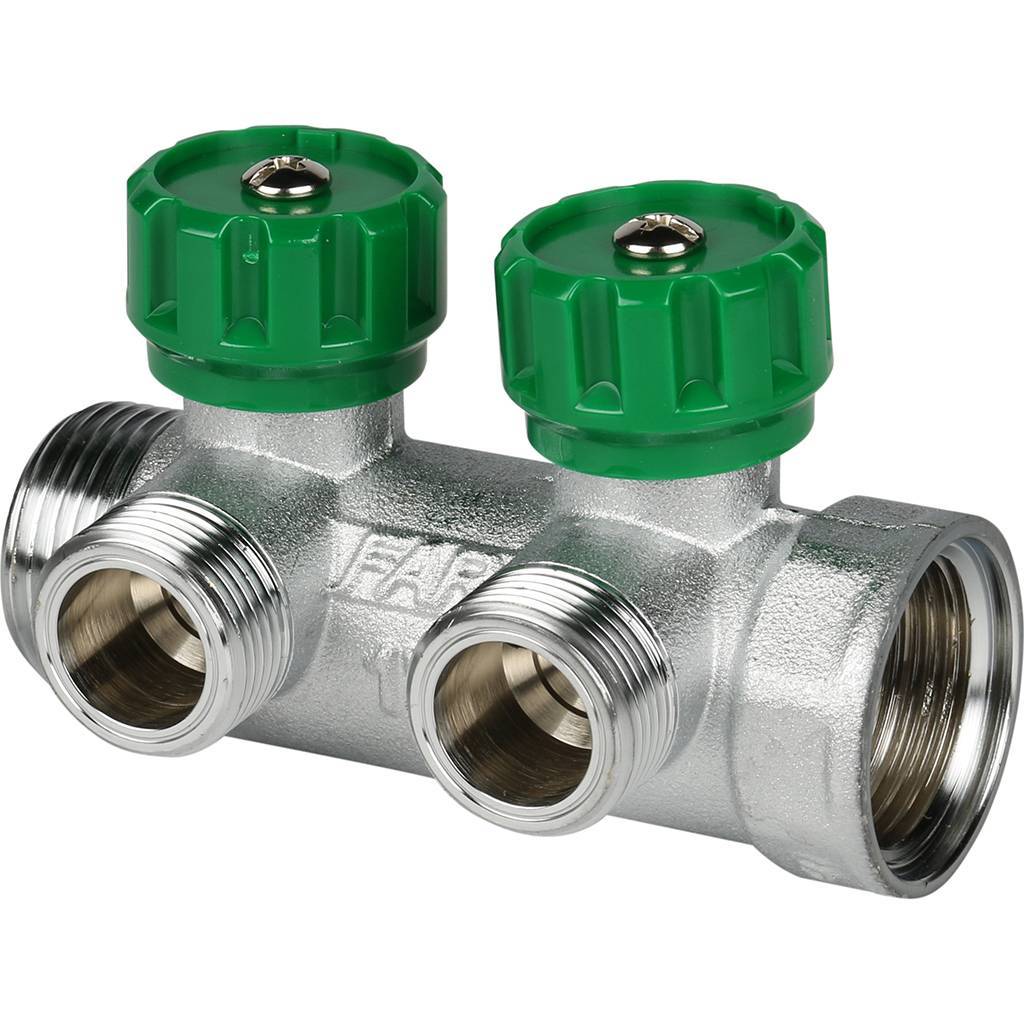 FAR Коллектор распределительный 1", проходной, хромированный, 2 отвода 3/4" плоское уплотнение