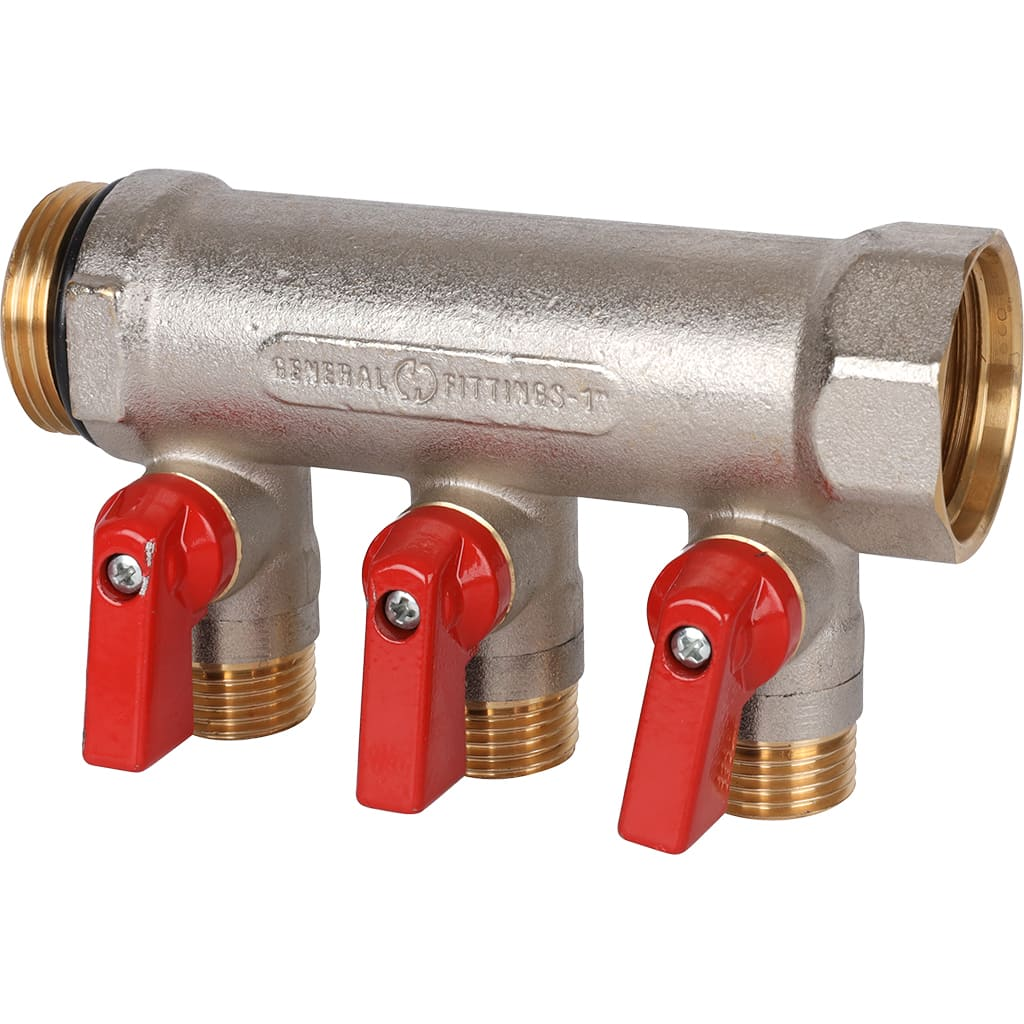 Распределительный коллектор STOUT 1"x1/2" с шаровыми кранами 3 отвода (красные ручки)