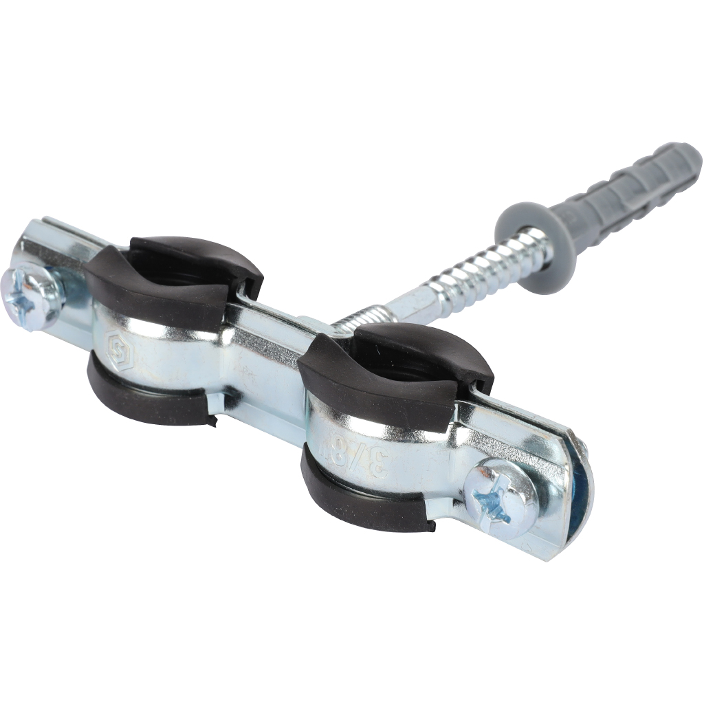 Сдвоенный хомут STOUT 3/8" (15-19) для труб, комплект (хомут+шпилька шуруп +дюбель пластиковый)