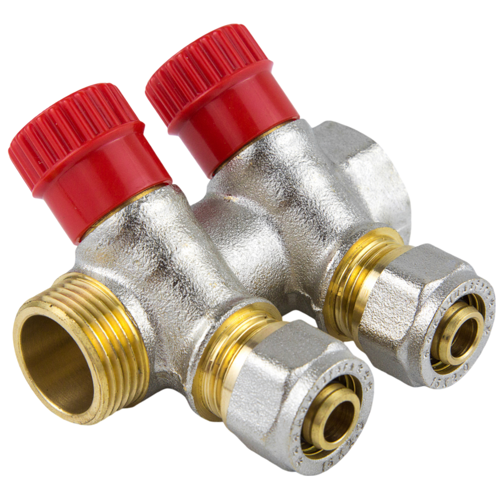 Коллектор Aquasfera 7018 3/4" ВР/НР х Дн16 на 4 выхода обжим с регулирующими клапанами (красный)