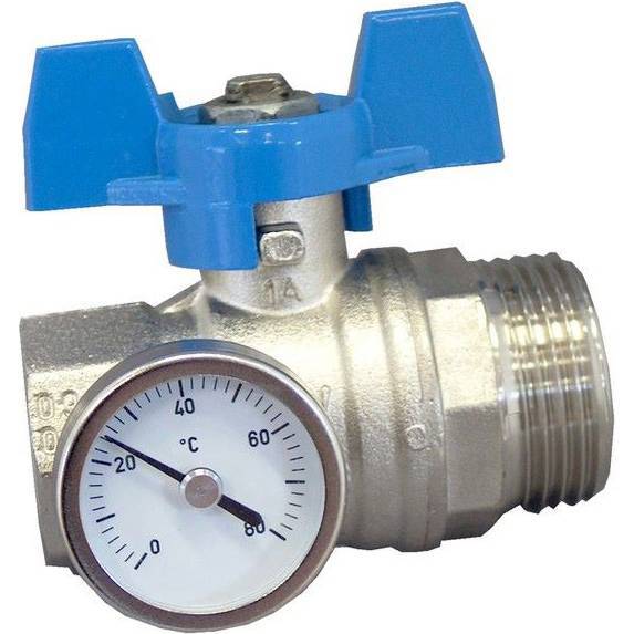 OVENTROP Кран шаровой Oventrop муфтовый BP 1" х НР 1" с термометром 0-80°C , с синей ручкой бабочкой