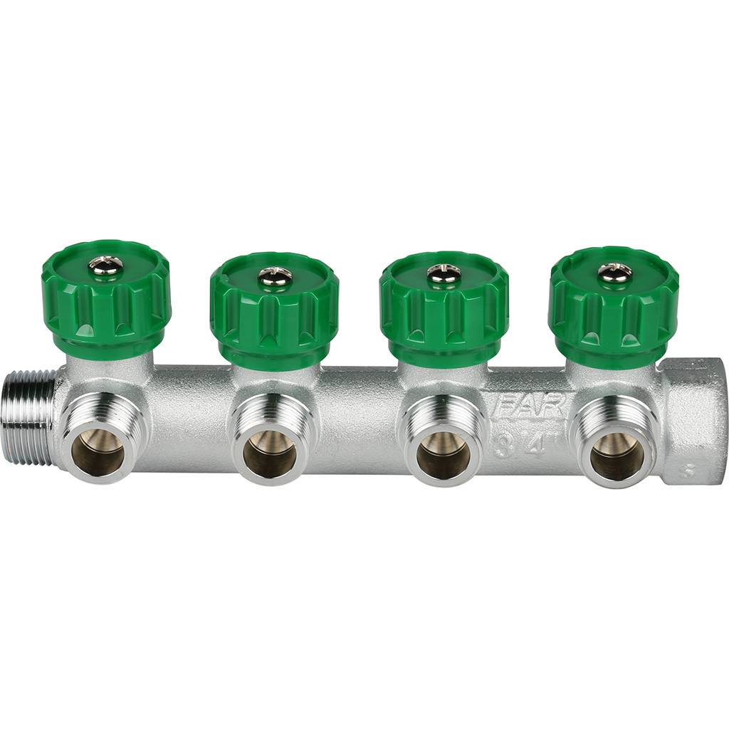 FAR Коллектор распределительный 3/4", проходной, хромированный, 4 отвода 1/2" плоское уплотнение