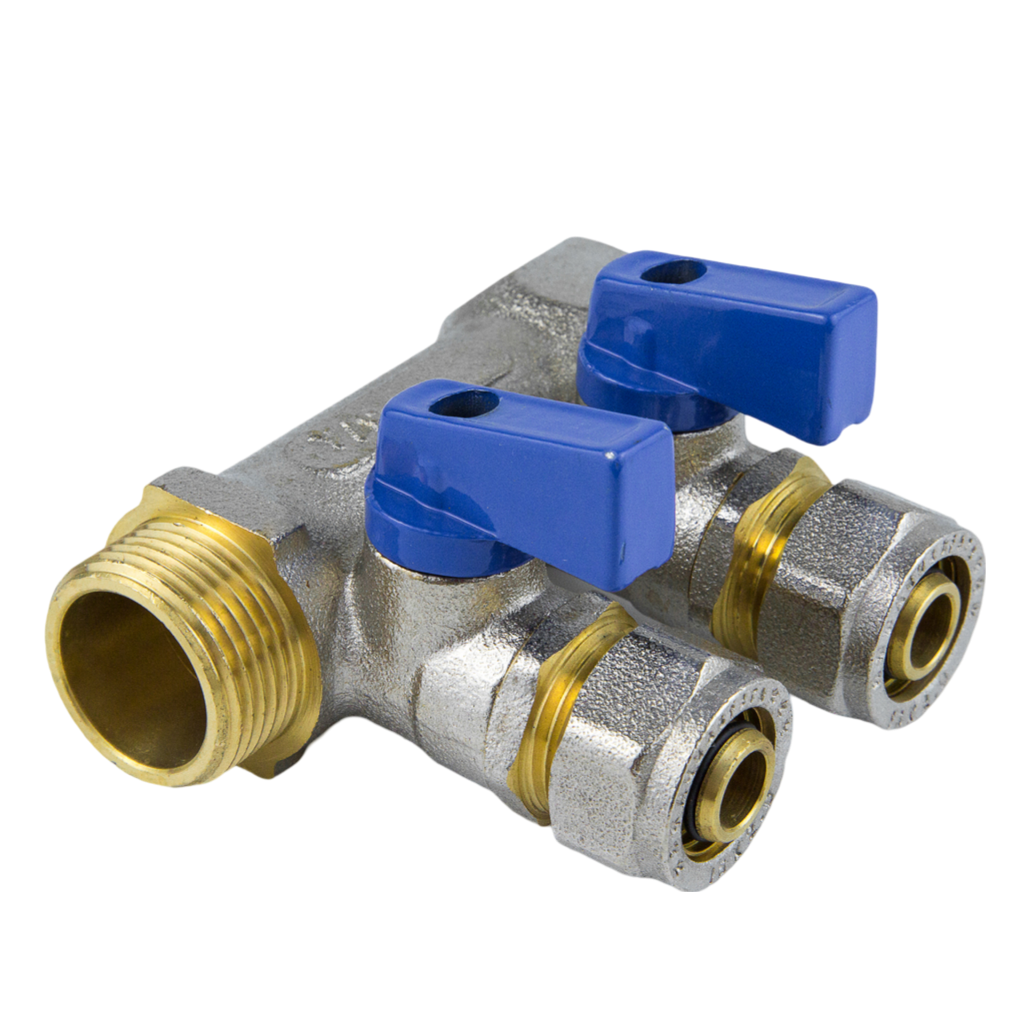 Коллектор Aquasfera 7015 3/4" ВР/НР х Дн16 на 3 выхода обжим с шаровыми кранами (синие ручки)