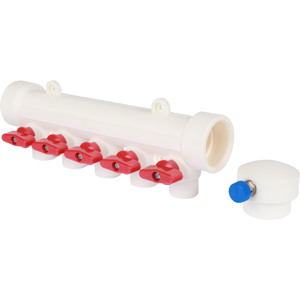 Kalde Коллектор с воздухоотводчиком и запорными кранами (5 выходов) цвет ручек красный