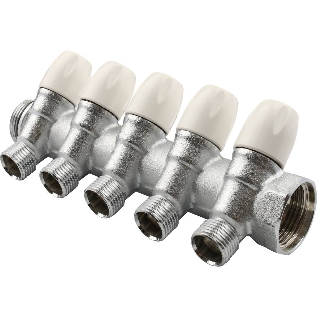 Распределительный коллектор TIEMME 1"x1/2" с регулировочными вентилями на 5 выходов (хромированный)