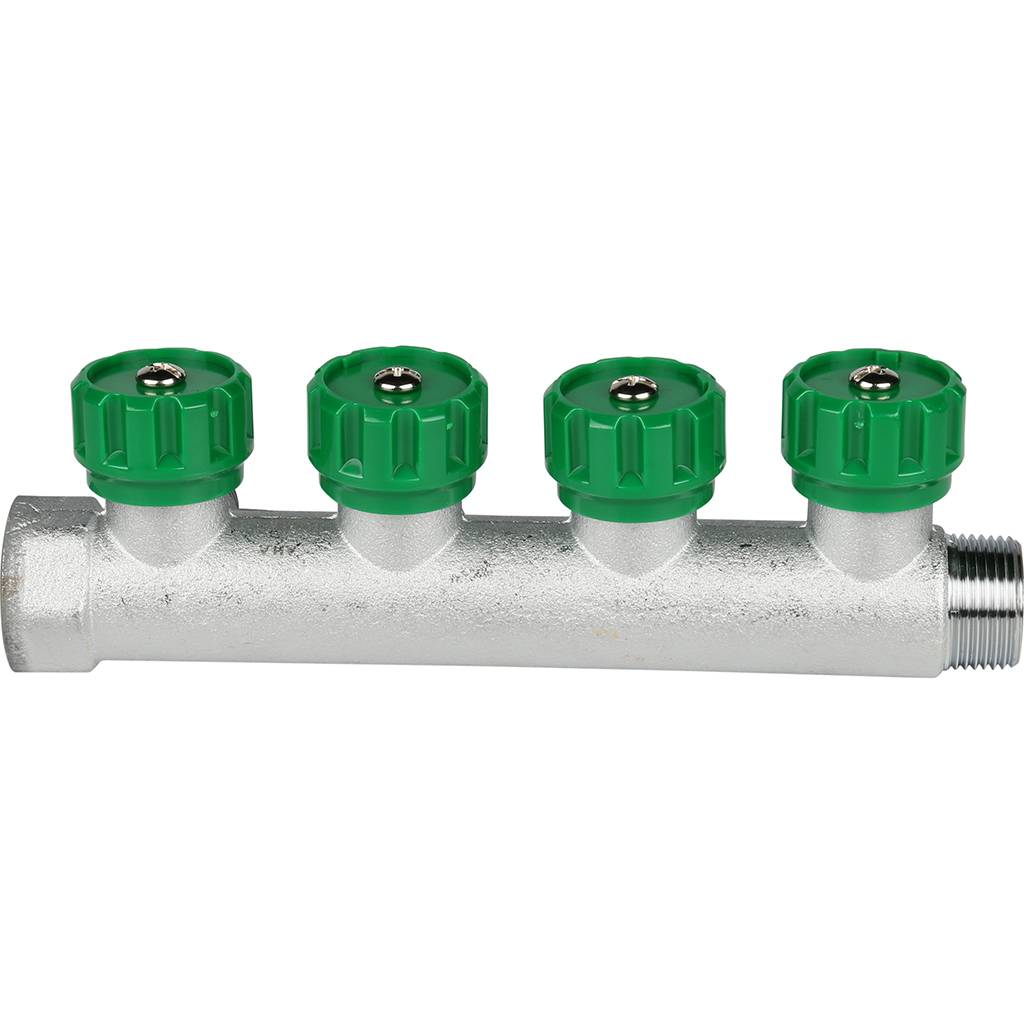 FAR Коллектор распределительный 3/4", проходной, хромированный, 4 отвода 1/2" плоское уплотнение