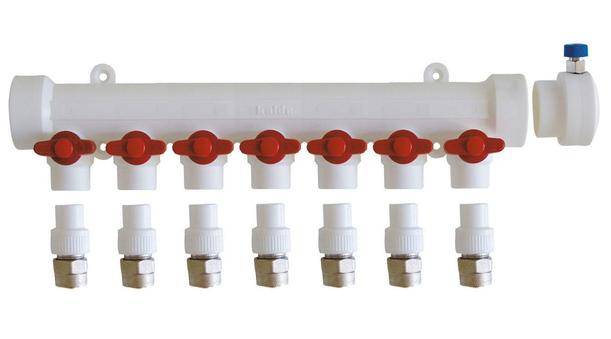 Kalde Коллектор с воздухоотводчиком и запорными кранами (7 выходов) цвет ручек красный
