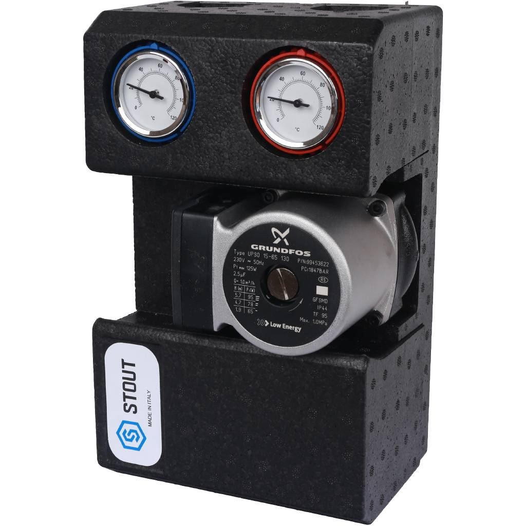 Насосная группа STOUT с прямым контуром 3/4" с насосом Grundfos UPSO 15-65 130 в теплоизоляции