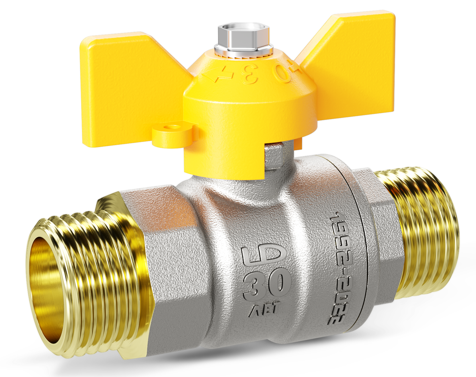 Кран шаровой LD Pride Ду25 Ру40 НР для газа полнопроходной (бабочка желтая) никель