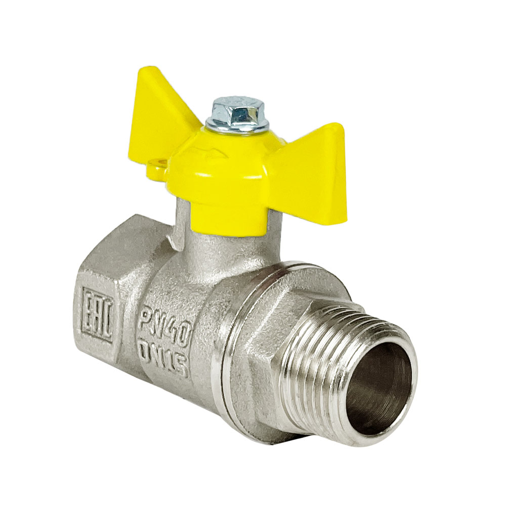 Кран шаровой VALFEX Ду25 НР/ВР Ру40 для газа полнопроходной (никелированный, бабочка)