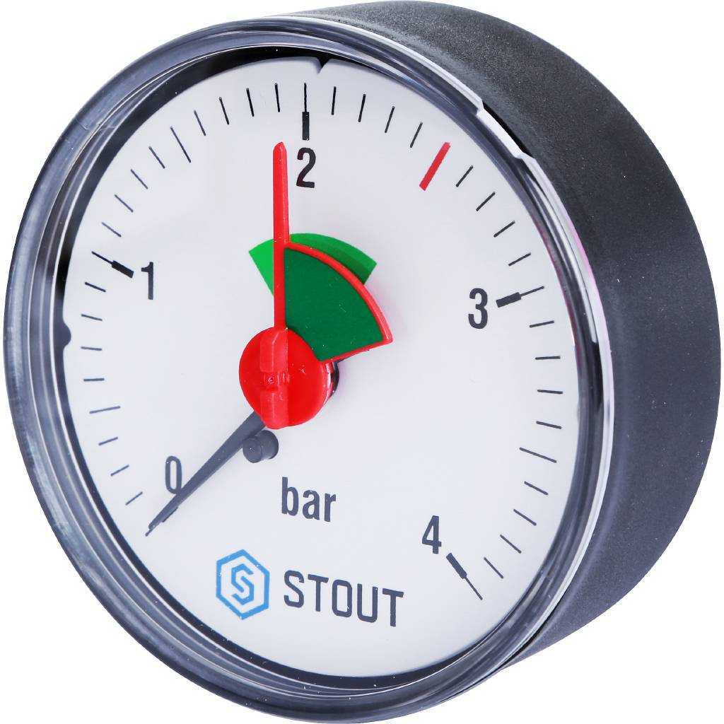 STOUT Манометр аксиальный с указателем предела (корпус Dn 63 мм 1/4", 0...4 бар, кл.2.5)