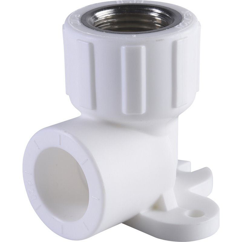 Угольник Политэк 20х1/2" ВР с креплением для полипропиленовых труб (сварка) белый