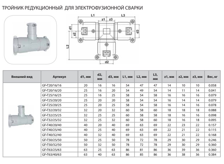 Тройник Thermaflex 25х20х25мм редукционный для электрофузионной сварки GF-T25/20/25