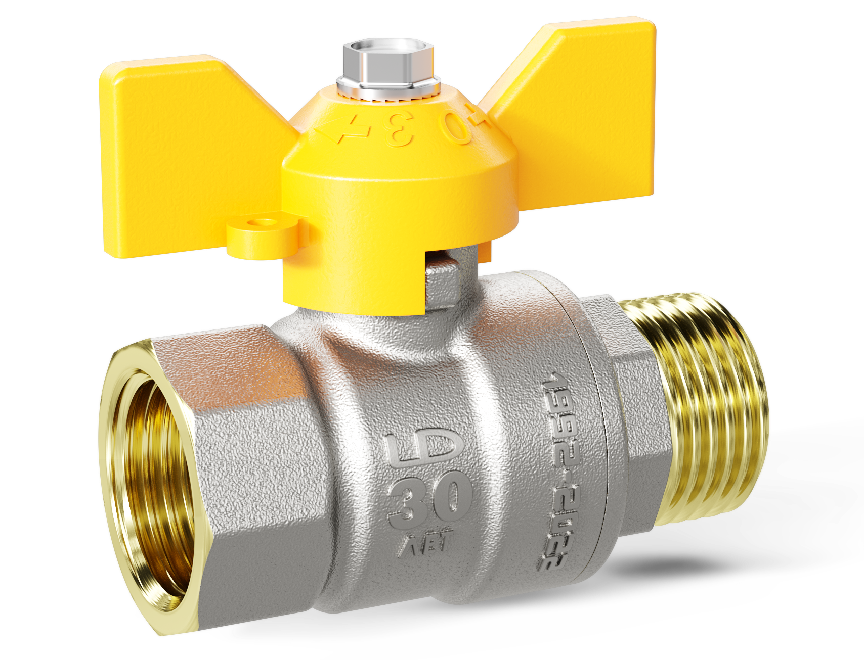 Кран шаровой LD Pride Ду20 Ру40 ВР/НР для газа полнопроходной (бабочка желтая) никель