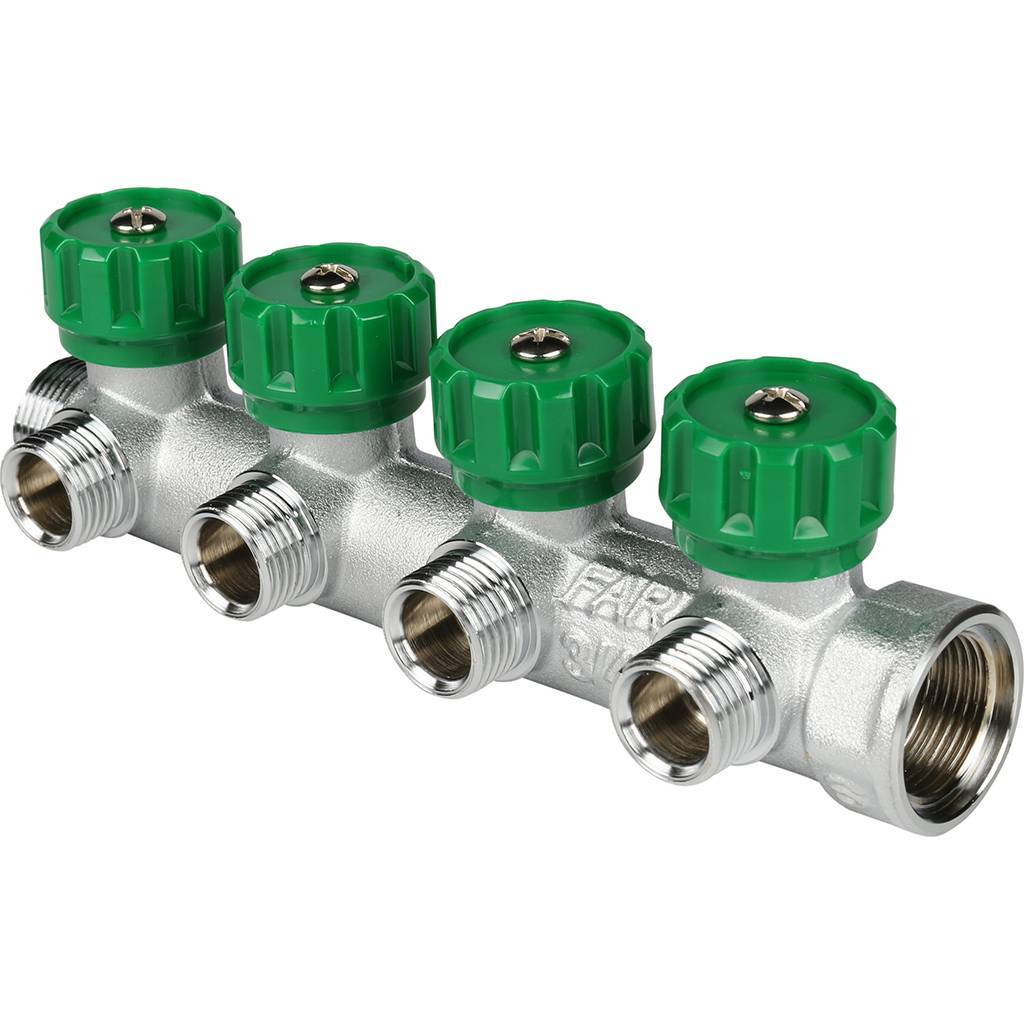 FAR Коллектор распределительный 3/4", проходной, хромированный, 4 отвода 1/2" ЕК
