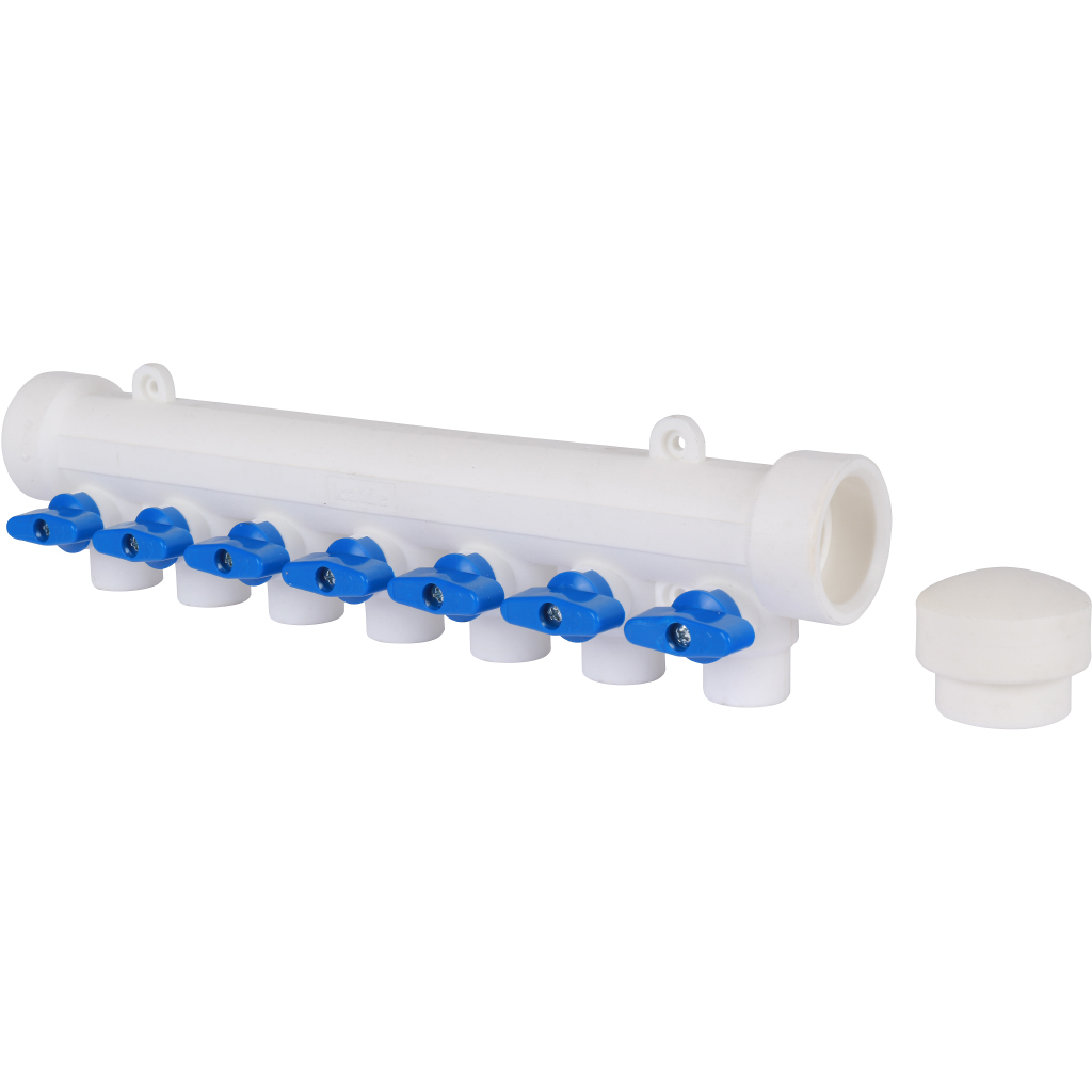 Kalde Коллектор с запорными кранами для полипропиленовых труб (7 выходов) цвет ручек синий