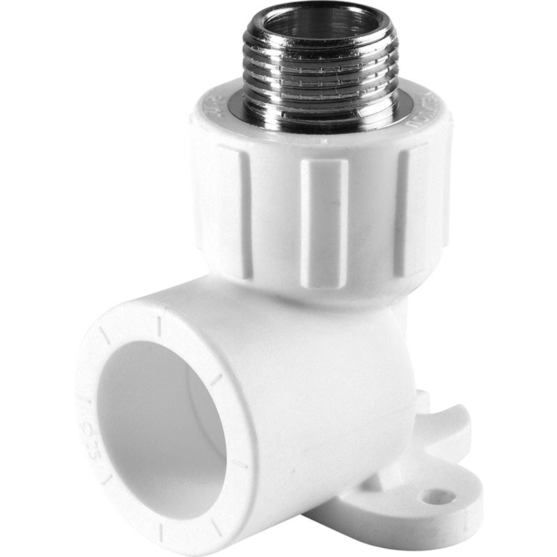 Угольник Политэк 25х1/2" НР с креплением для полипропиленовых труб (сварка) белый