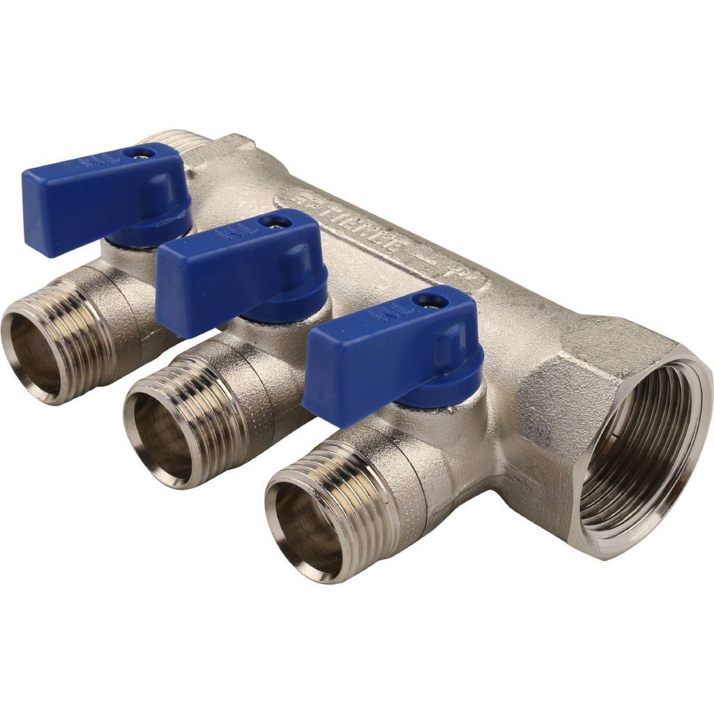 Распределительный коллектор TIEMME 1"x1/2" с шаровыми кранами на 3 выхода (никелированный)