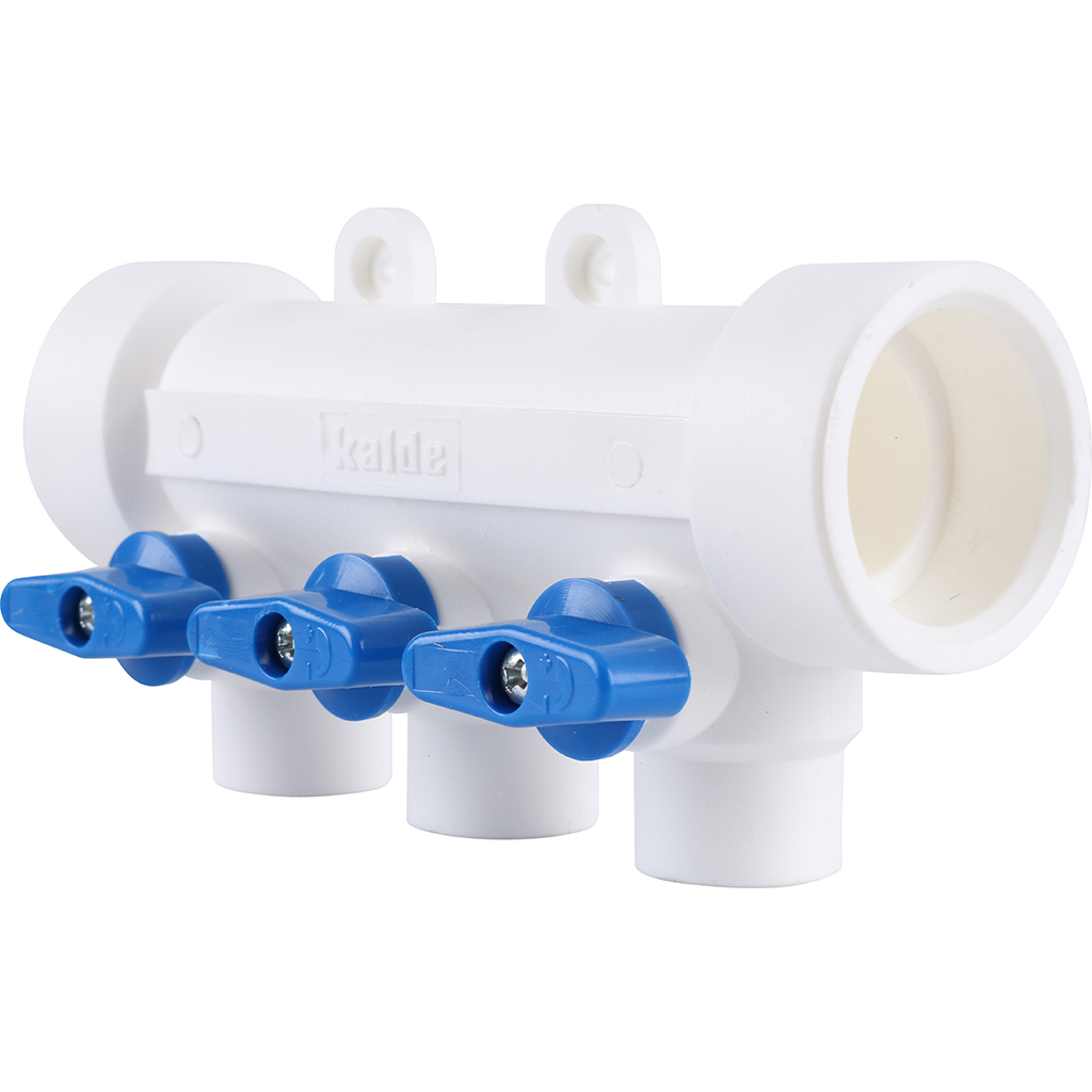 Kalde Коллектор с воздухоотводчиком и запорными кранами (3 выхода) цвет ручек синий