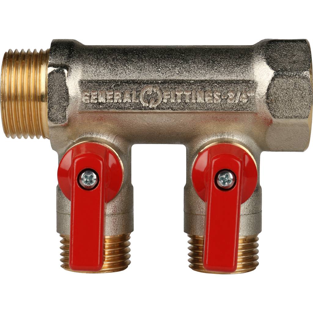 STOUT Коллектор с шаровыми кранами 3/4", 2 отвода 1/2" (красные ручки)