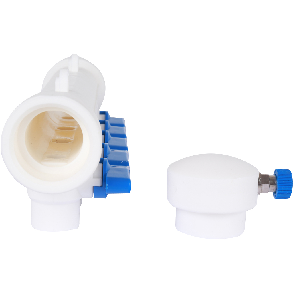 Kalde Коллектор с воздухоотводчиком и запорными кранами (5 выходов) цвет ручек синий