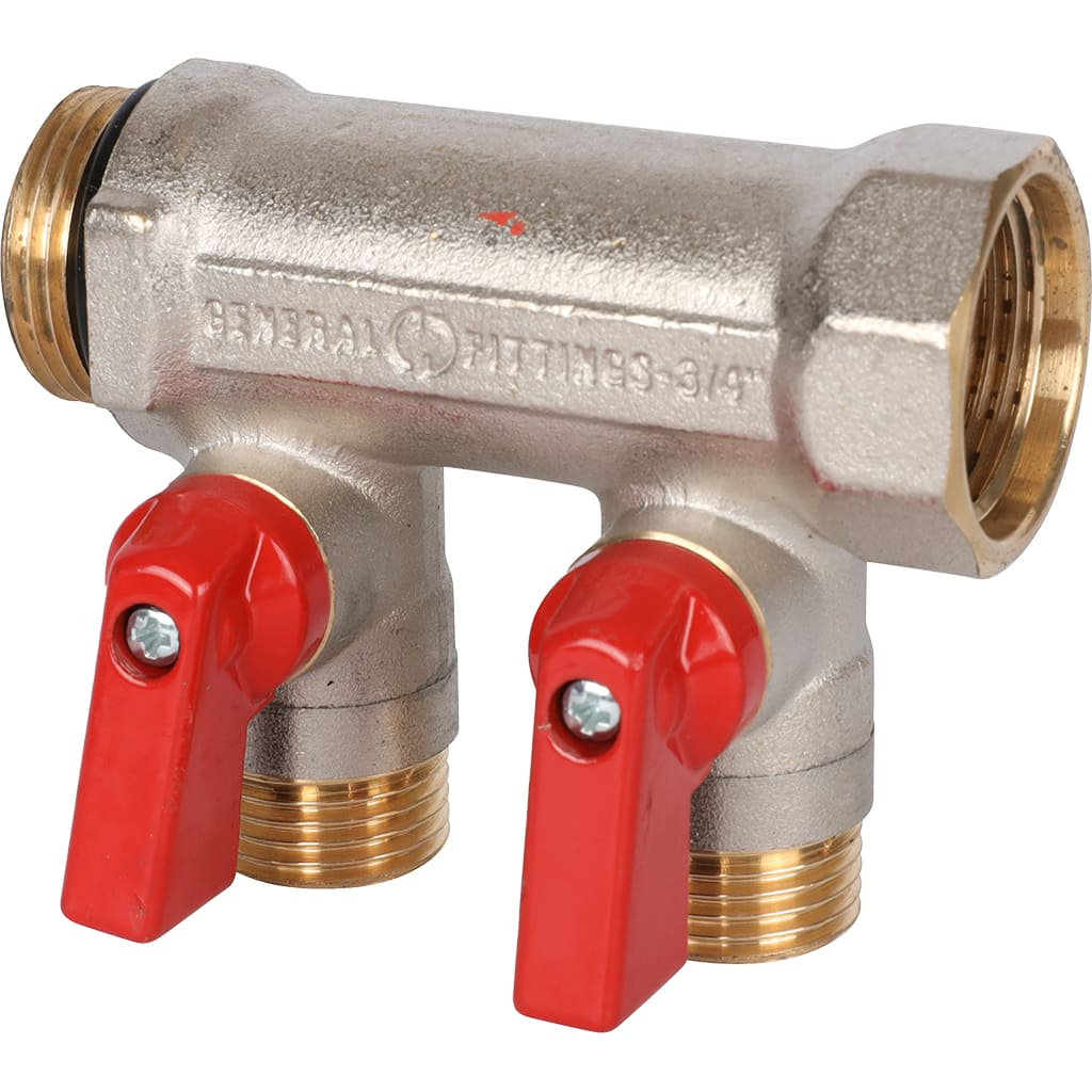 Распределительный коллектор STOUT 3/4"x1/2" с шаровыми кранами 2 отвода (красные ручки)