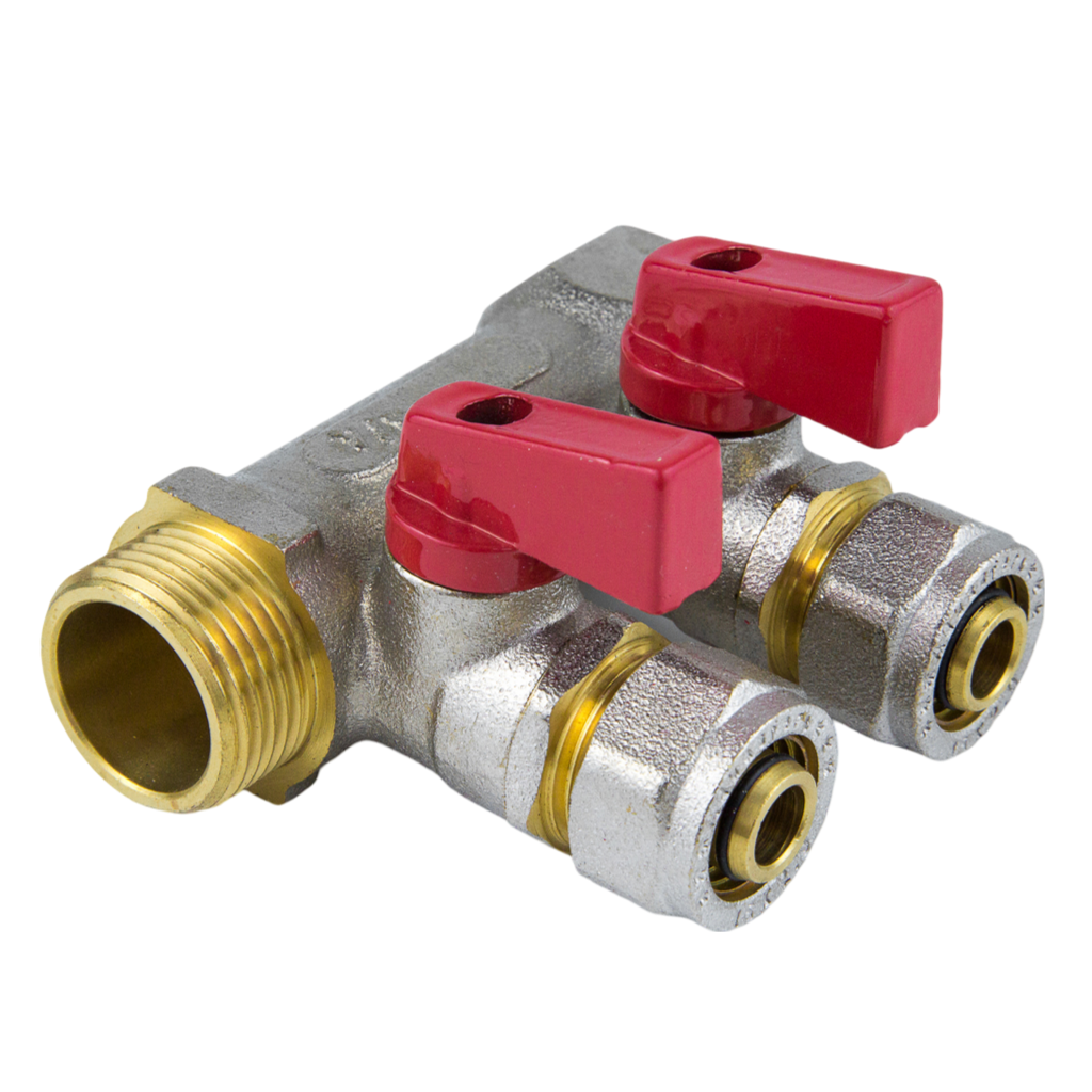 Коллектор Aquasfera 7016 1" ВР/НР х Дн16 на 3 выхода обжим с шаровыми кранами (красные ручки)