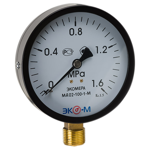 Манометр ЭКОМЕРА МД02 Дк100мм 0-1,6 МПа кл.1,5 М20х1,5 радиальный