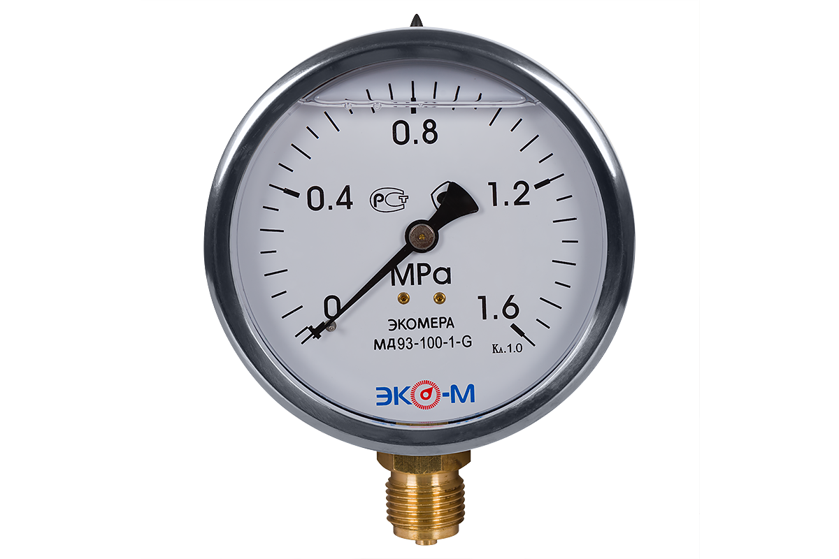 Манометр гидрозаполненный ЭКОМЕРА МД93 Дк100мм 0-1,6 МПа кл.1,0 G1/2" глицерин (радиальный)