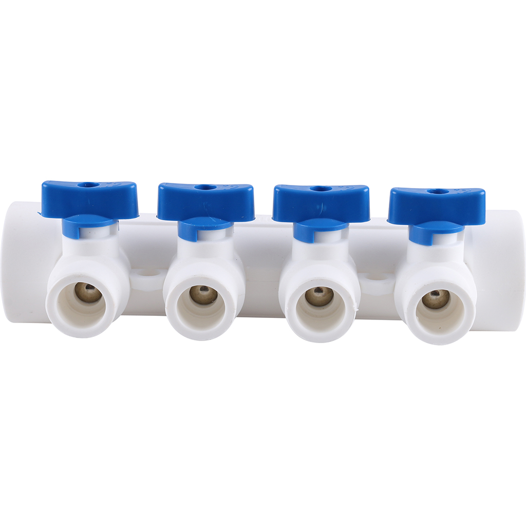 Kalde Коллектор с воздухоотводчиком и запорными кранами (4 выхода) цвет ручек синий