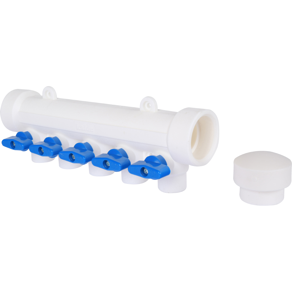 Kalde Коллектор с запорными кранами для полипропиленовых труб (5 выходов) цвет ручек синий