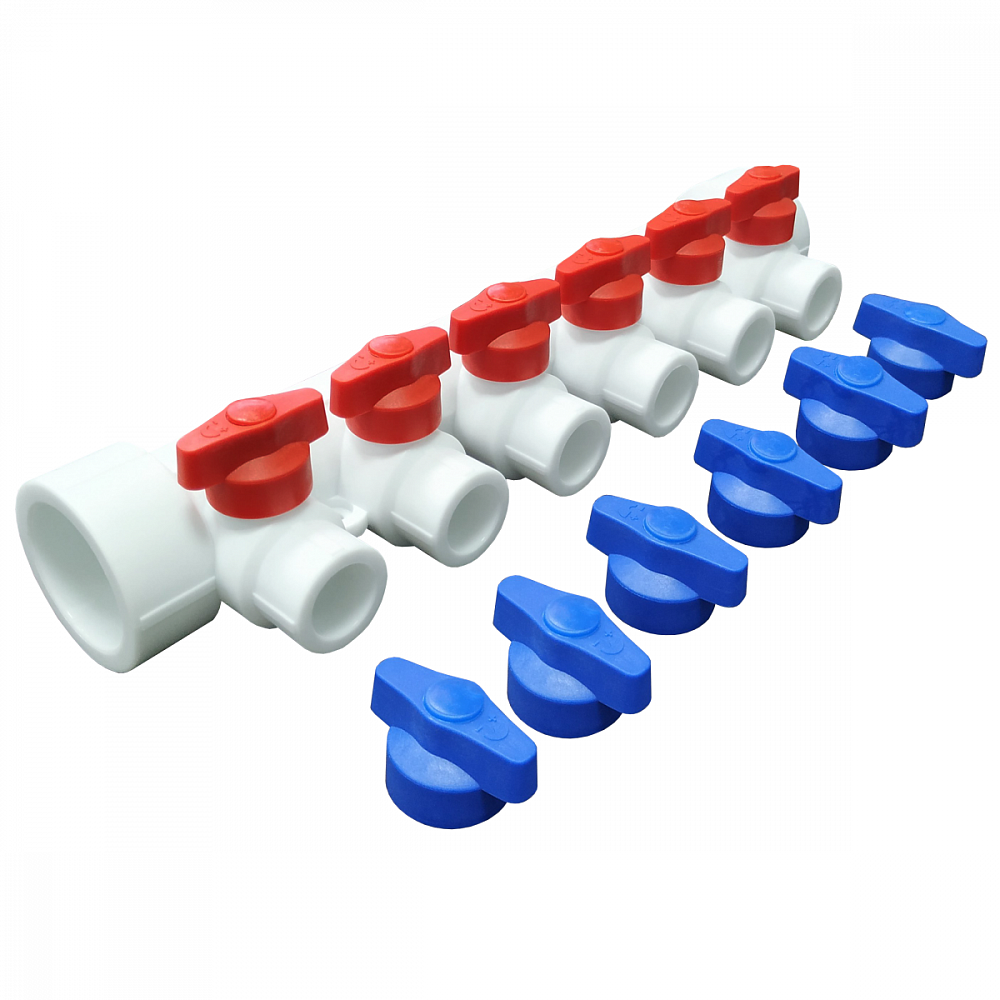 Коллектор универсальный VALFEX PP-R Dn40х20 на 5 выходов с отсечными кранами (белый)