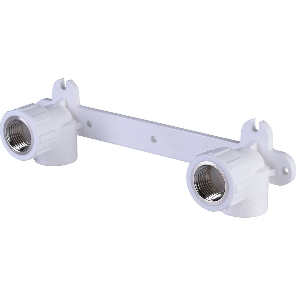 Угольник Политэк 20х1/2" ВР двойной с креплением для полипропиленовых труб (сварка) белый