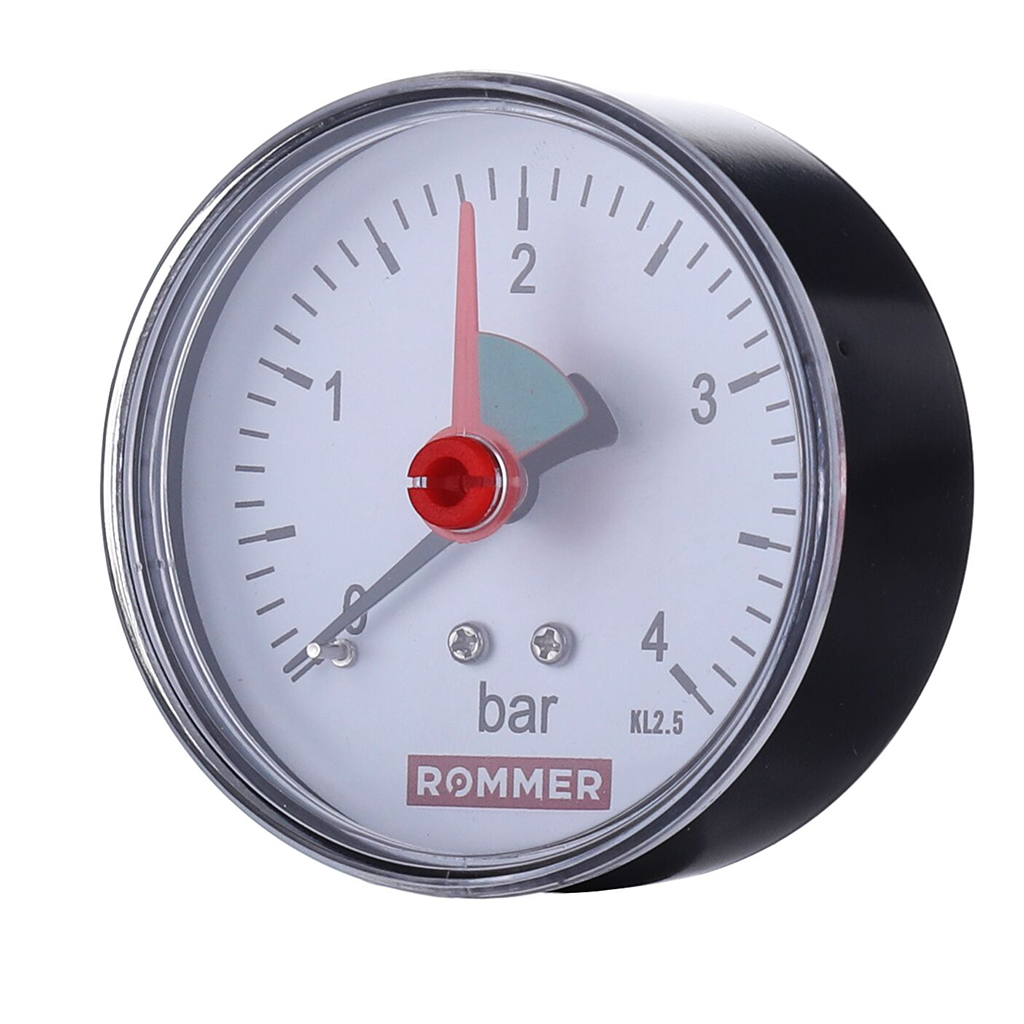Манометр аксиальный ROMMER Dn 50 мм 1/4 BSP, 0...4 бар, кл.2.5 с указателем предела