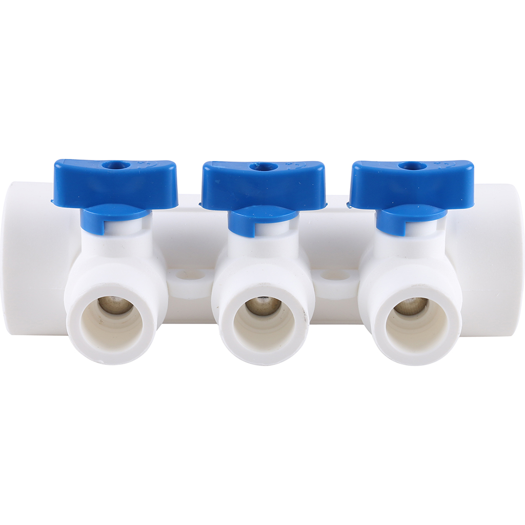 Kalde Коллектор с воздухоотводчиком и запорными кранами (3 выхода) цвет ручек синий