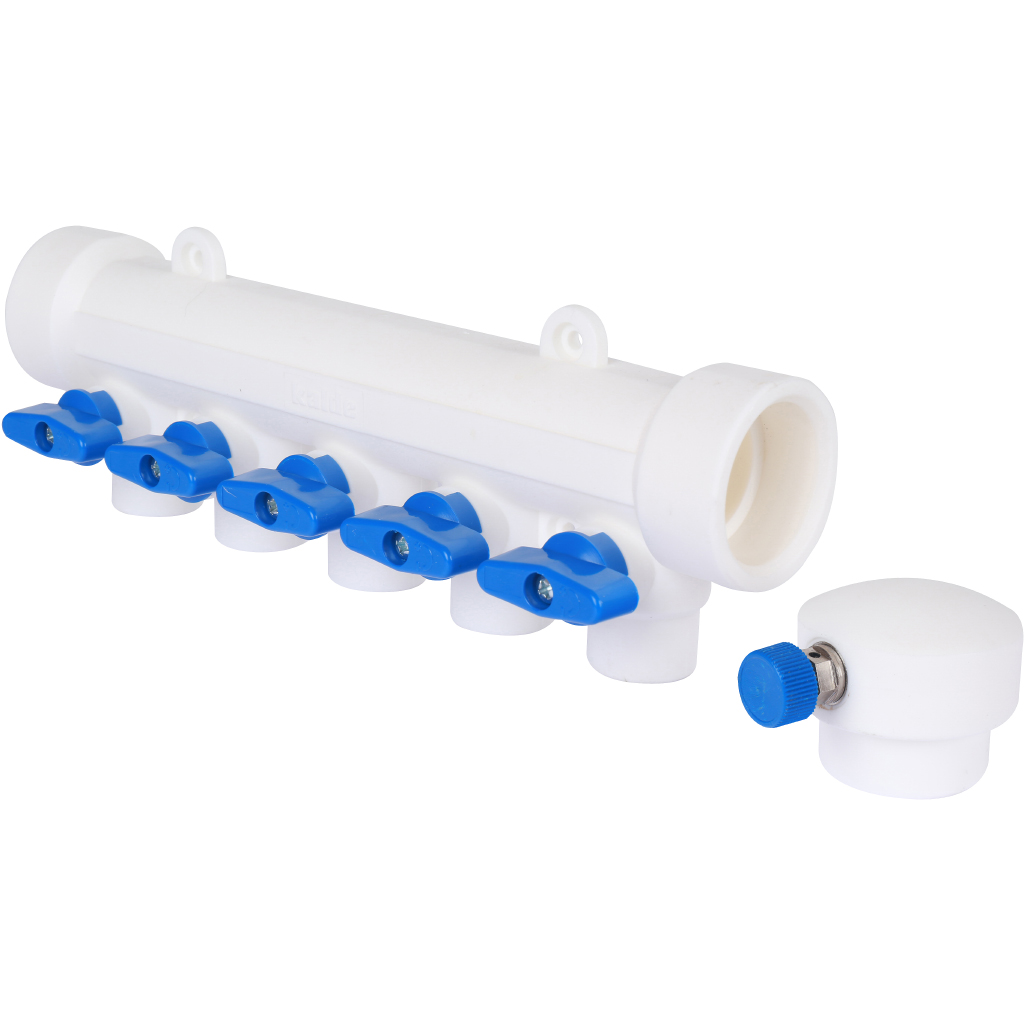 Kalde Коллектор с воздухоотводчиком и запорными кранами (5 выходов) цвет ручек синий