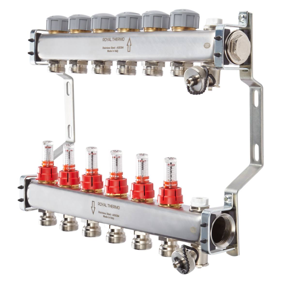 Коллекторная группа Royal Thermo 1" ВРх3/4" НР на 5 выходов в сборе с расходомерами (нерж. сталь)