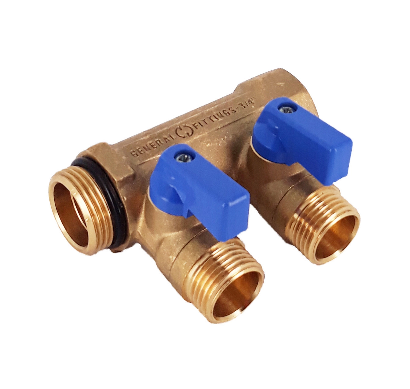 Коллектор HOOBS 1"х1/2"EK 2 выхода с шаровыми кранами синие флажки