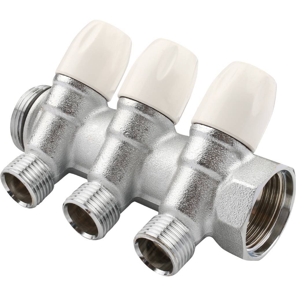 Распределительный коллектор TIEMME 1"x1/2" с регулировочными вентилями на 3 выхода (хромированный)