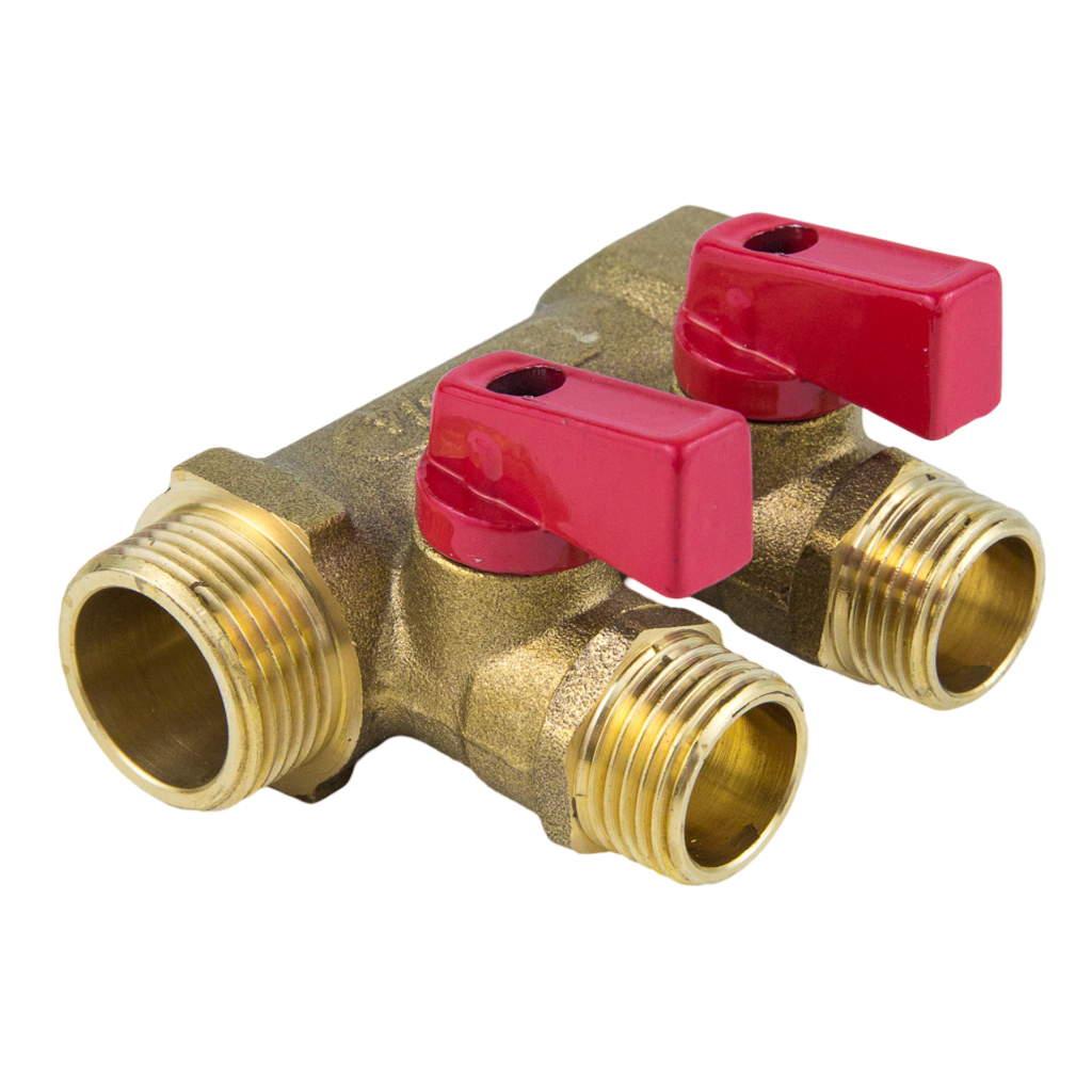 Коллектор Aquasfera 9026 3/4" ВР/НР х 1/2" НР на 3 выхода с шаровыми кранами (красные ручки)