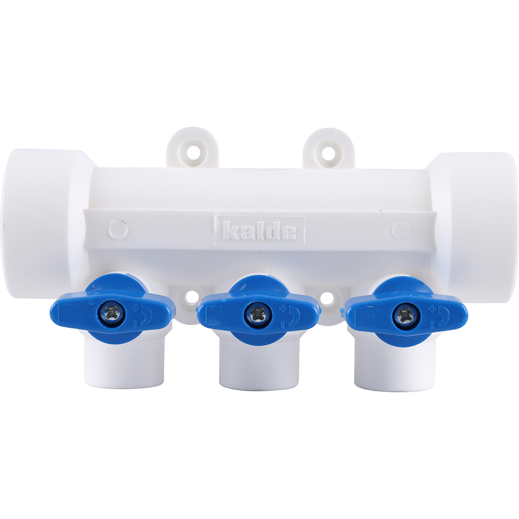 Kalde Коллектор с воздухоотводчиком и запорными кранами (3 выхода) цвет ручек синий