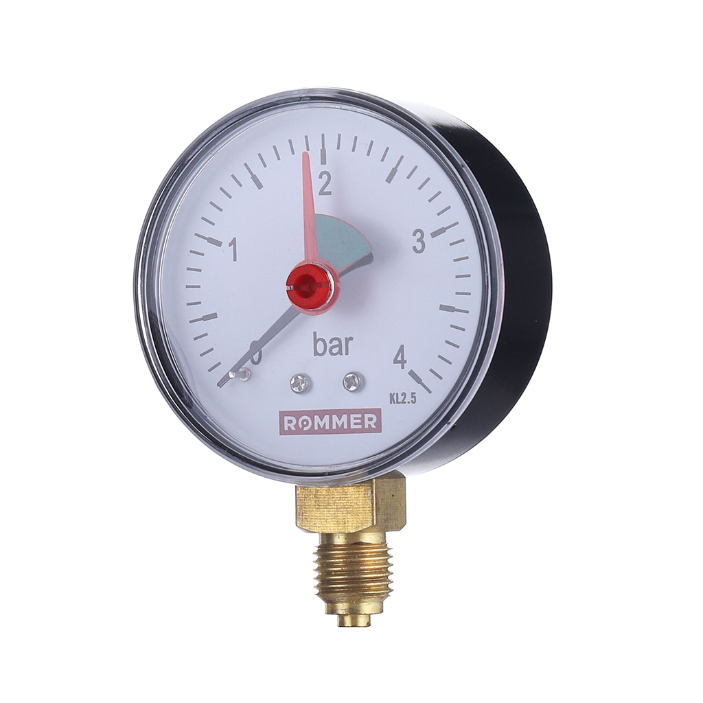 Манометр радиальный ROMMER Dn 63 мм 1/4 , 0...4 бар, кл.2.5 с указателем предела