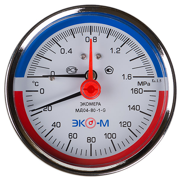 Термоманометр ЭКОМЕРА МД04 Дк80 0-1,6 МПа L=60мм G1/4" 160°С с переходником на G1/2" осевой