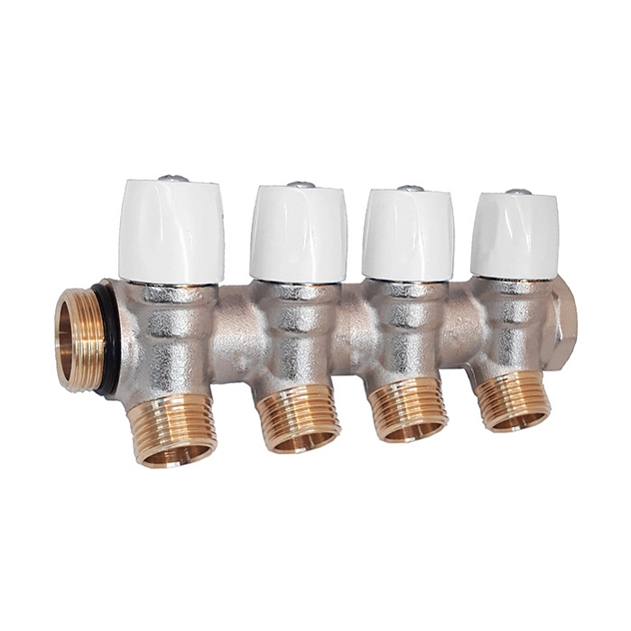 Коллектор HOOBS 3/4"х1/2"EK 4 выхода с вентилями белые маховики (никелированный)