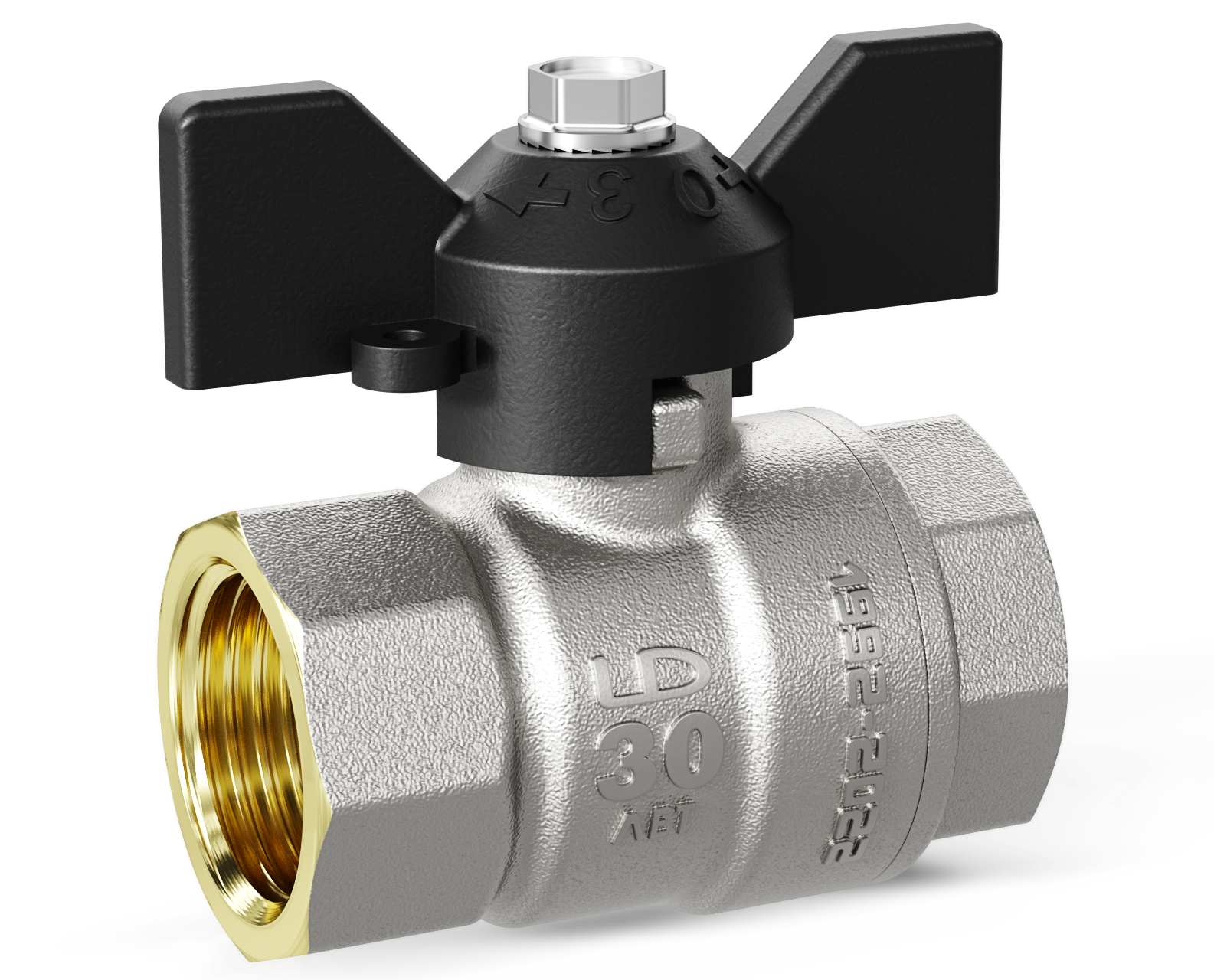 Кран шаровой LD Pride Ду32 Ру25 ВР полнопроходной (бабочка черная) никель