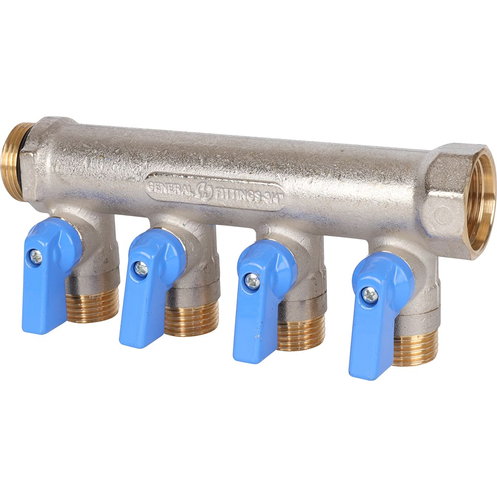 Распределительный коллектор STOUT 3/4"x1/2" с шаровыми кранами 4 отвода (синие ручки)