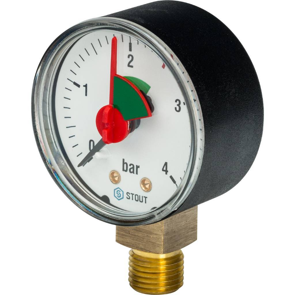 STOUT Манометр радиальный с указателем предела (корпус Dn 50 мм 1/4", 0...4 бар, кл.2.5)
